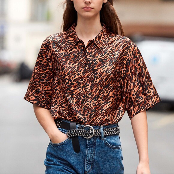 SANDRO Animal Print‎ Buttoned Down Silk Blouse Sz 4 - Picture 1 of 7
